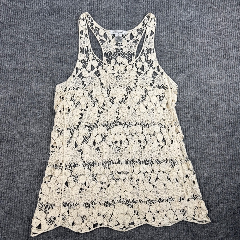 Ultra Pink Festival Tank Top Womens L Cream Crochet Lace Racerback Cottagecore